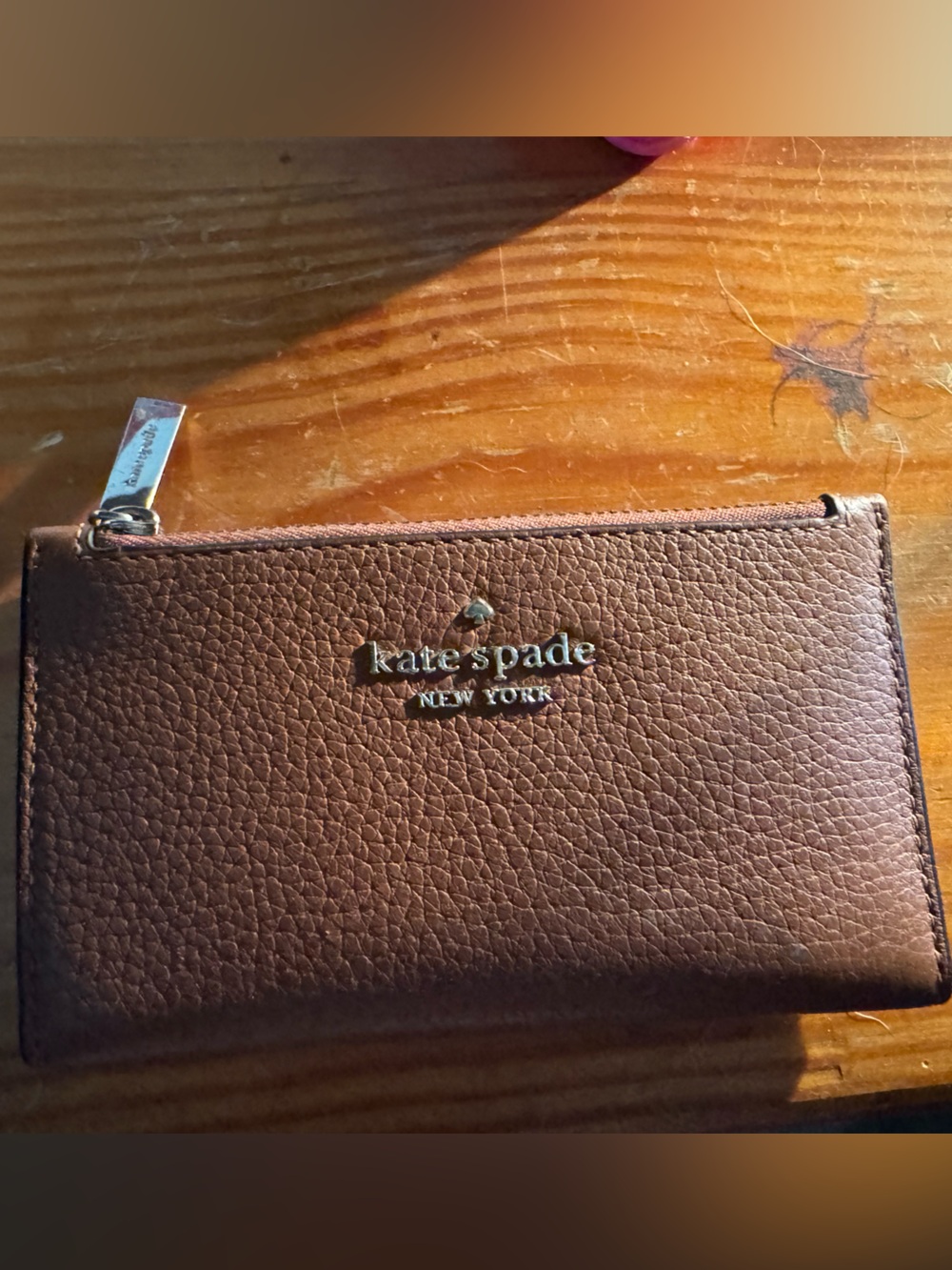 kate spade Brown Pebbled Leather Zip Card Case